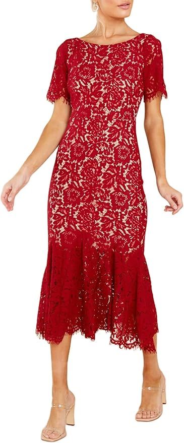 MERMAID'S CLOSET Womens White Floral Lace Midi Bodycon Cocktail Party Elegant Wedding Bridesmaids... | Amazon (US)