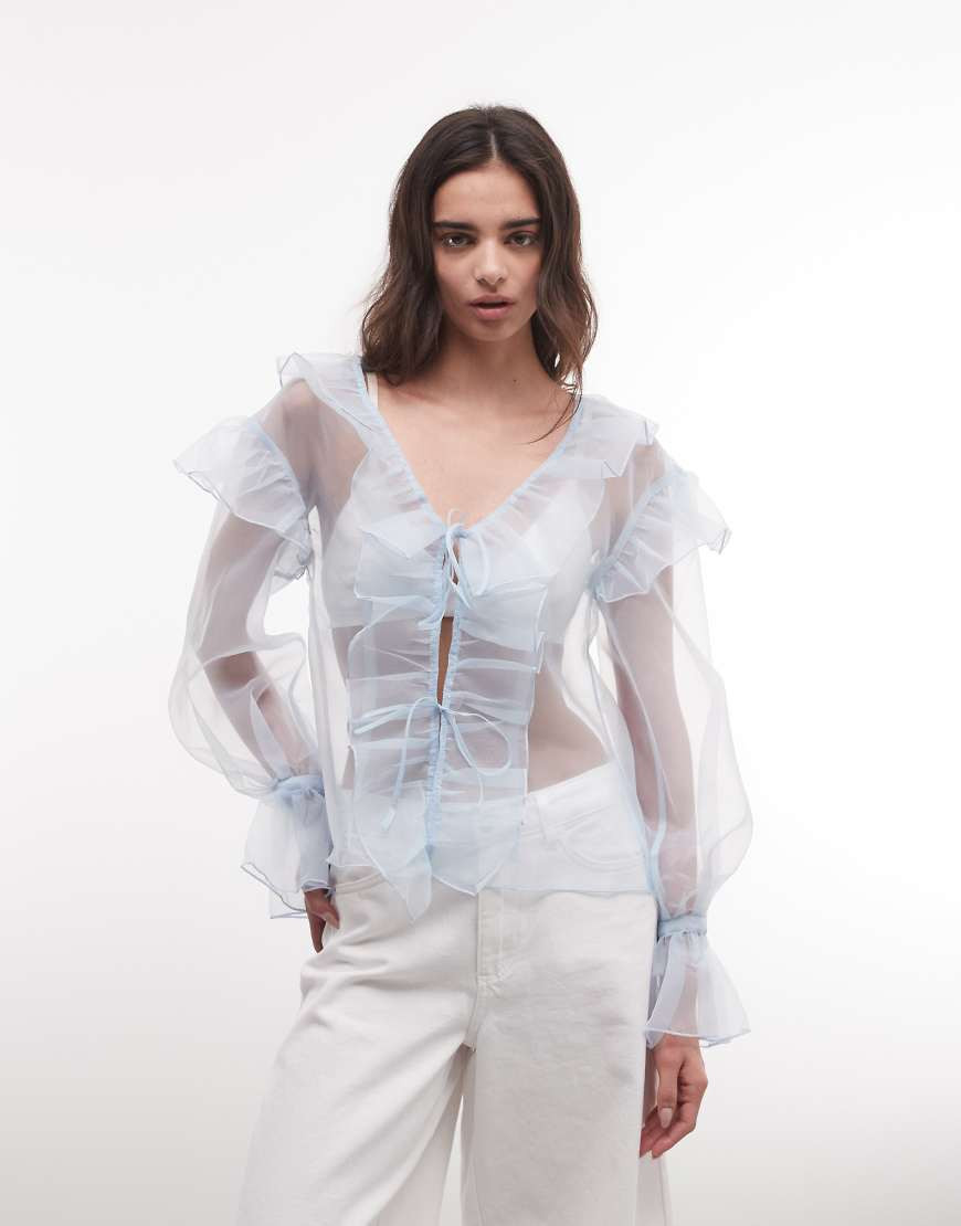 Monki sheer frilled long sleeve blouse in light blue | ASOS (Global)