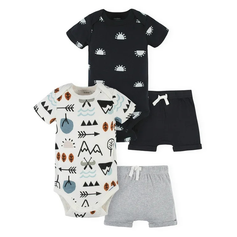 Modern Moments by Gerber Baby Boy Bodysuits & Shorts Outfit Set, 4-Piece (Newborn-12 Months) | Walmart (US)