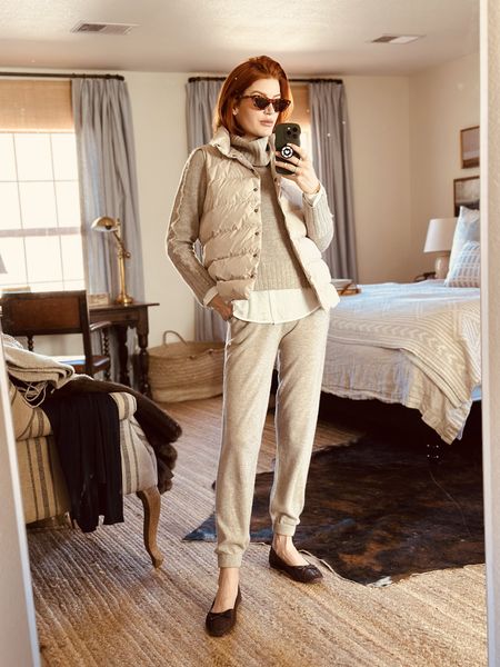 This is one of those looks that makes you feel put together and in the “right” look. I wear this to work, to travel- I wore it to a casual home dinner party the other night. 
These are investment pieces and be sure to buy them all the same color way so I can mix and match different ways. 
This brand reminds me of Loro Piana or Brunello Cucinelli, but at a *much* more approachable price point. 

#LTKover40 #LTKworkwear #LTKtravel