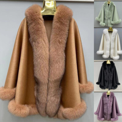 Real Women 100% Fox Fur Trim Shawl Cashmere Ponchos Cape Cardigan Coat Warm Tops | eBay US