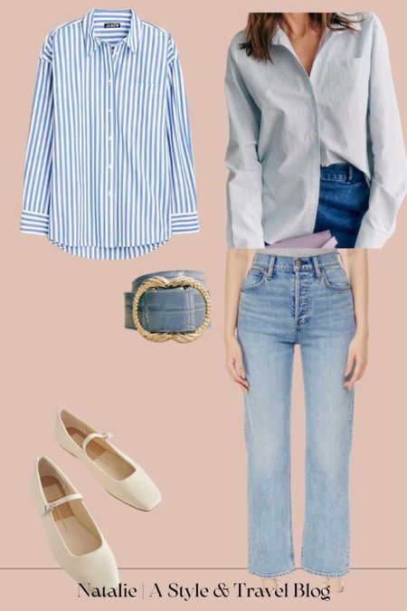 I love this blue monochrome look with either button up shirt! These are my most worn jeans. I just ordered these cream flats for myself to wear all spring! But I also love how the other shoe options I linked would look too. Tuck in the shirt, half tuck it in, or wear it open with a tank top or t-shirt underneath. 

#LTKstyletip #LTKSeasonal