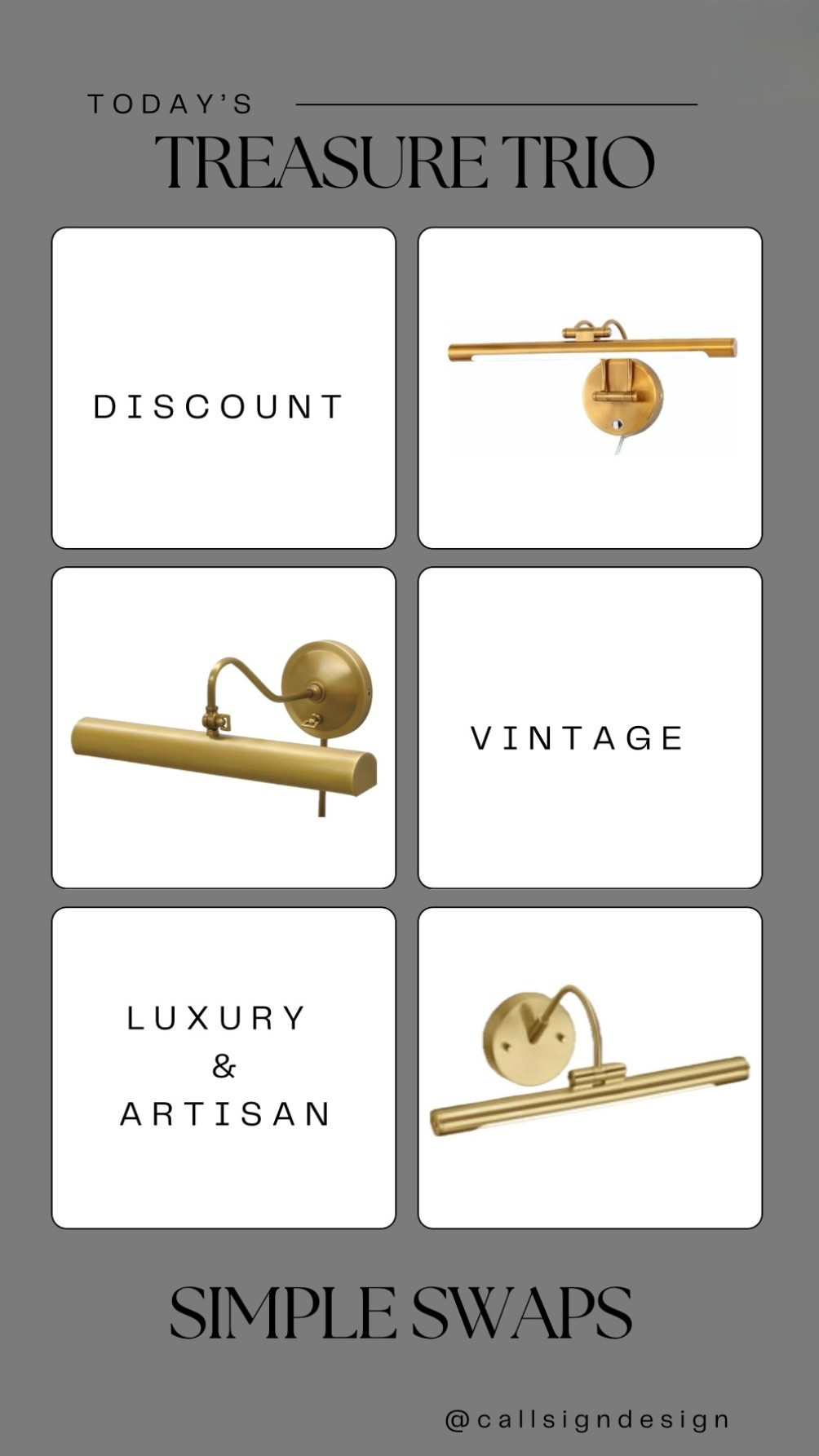 Dimmable gold vanity lights that bring warmth, polish, and flexibility to a space. Elegant in finish and adjustable in glow, they create the perfect balance between function and atmosphere.

#CallSignDesign #Vintage #Luxury #InteriorDesign #InteriorDecorating #Elegance #Chandelier #OldWorldCharm #DesignStyle #CastleCore #OldWorldCharm  #SimpleSwaps