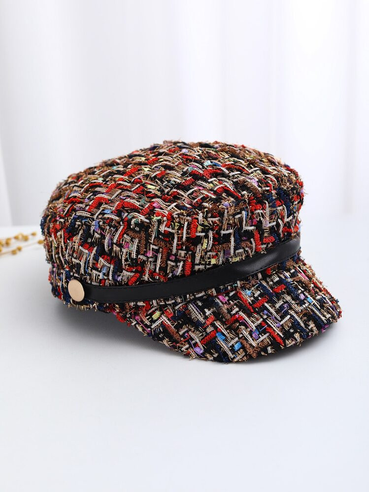 1pc Fashionable Colorful Woolen Navy Hat Black Pu Decoration Beret Cap, Suitable For Daily Use | SHEIN