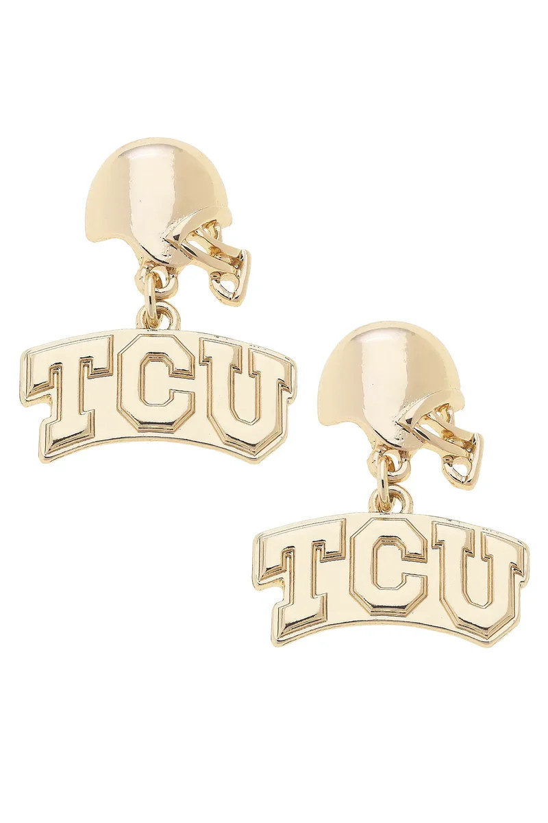 TCU Horned Frogs Logo Helmet Earrings in Shiny Gold | CANVAS