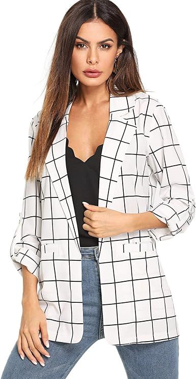 Milumia Women's Open Front Blazer Casual Lightweight Plaid Roll Up Sleeve Jacket Shirt | Amazon (US)