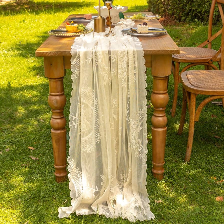 vctops Beige Lace Table Runner 120 inch 10FT Floral Embroidered Boho Farmhouse Vintage Rustic Tab... | Amazon (US)