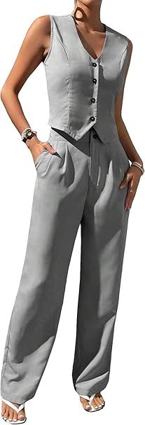 WDIRARA Women's 2 Piece Outfits Button Front Waistcoat Sleeveless V Neck Vest Jacket and Pants | Amazon (US)