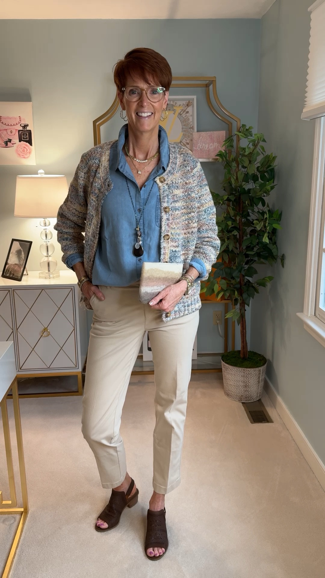 Wearing a medium sweater and shirt and a 8 in the pants.

Hey fashion lovers! Today, I'm excited to share a chic and versatile fall outfit from Coldwater Creek that perfectly embodies timeless, classic, everyday style. Whether you're heading to the office or enjoying a casual day out, these pieces will have you looking effortlessly stylish.

🌟 Chambray Shirt: A must-have wardrobe staple, this chambray shirt is soft, breathable, and perfect for layering. Its classic fit and timeless appeal make it a versatile piece for any season.

🍁 Multi Fall Color Cardigan: Add a pop of autumn hues to your look with this cozy cardigan. The rich fall colors and comfortable knit make it ideal for staying warm and stylish.

👖 Khaki Flat Front Chino Pants: These khaki chinos offer a polished yet relaxed vibe. Their flattering fit and neutral tone make them a perfect match for any top or accessory.

👡 Brown Open Toe Sling Backs: Elevate your outfit with these elegant sling backs. The open toe design adds a touch of sophistication, while the brown hue complements any ensemble.

💎 Multi Stone Necklace: This stunning necklace features a mix of stones that add a touch of glamour to your outfit. It's the perfect statement piece to complete your look.

👜 Felted Wool Clutch: Carry your essentials in style with this felted wool clutch. The neutral tones make it a versatile accessory that pairs beautifully with any outfit.


#LTKFindsUnder100 #LTKOver40 #LTKStyleTip