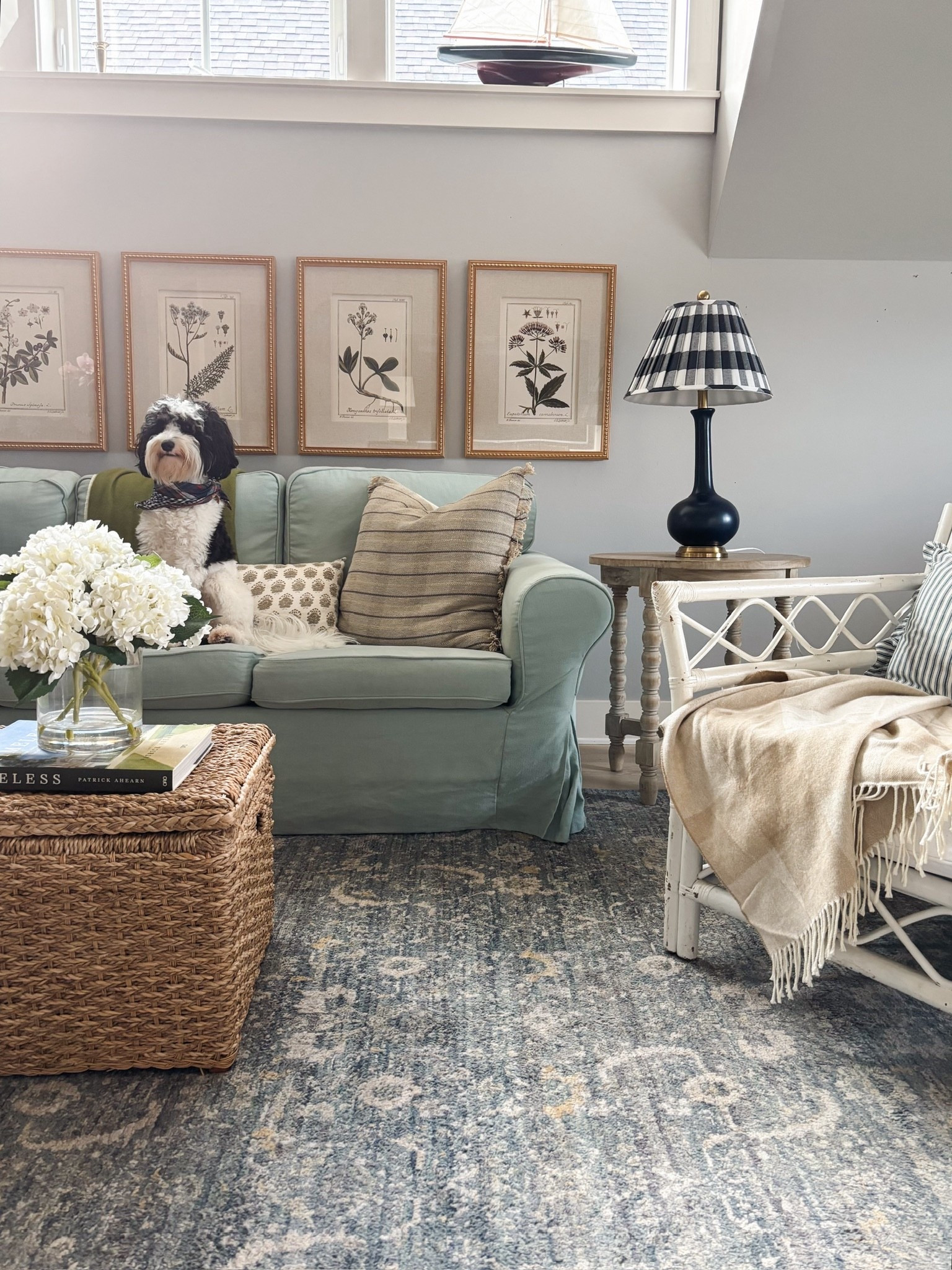 Doing some rearranging in the Snug using mostly things we already have! Rug, checkered shade lamp, wicker trunk, spindle leg table, framed botanical art and more 

#LTKSaleAlert #LTKHome #LTKSeasonal