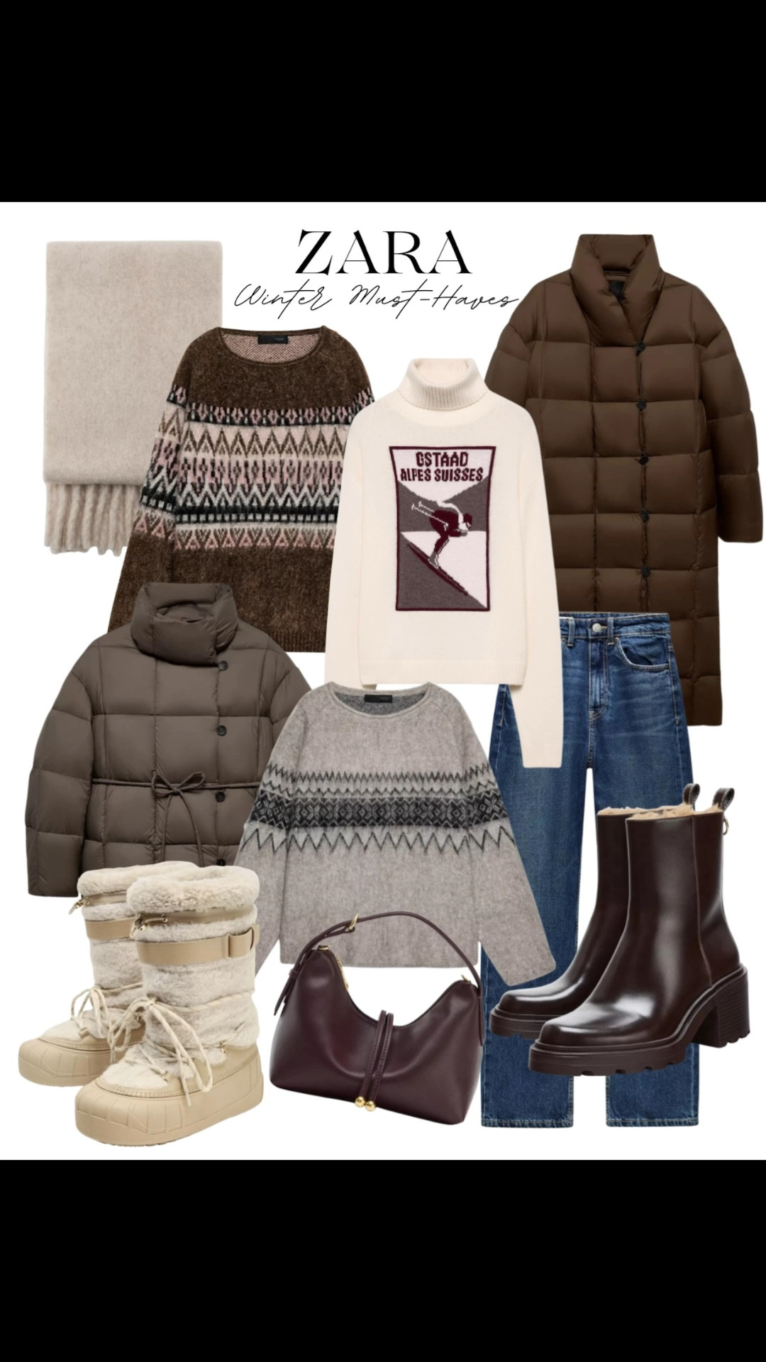 Zara winter must-haves 🤎

Tags: winter outfit, fair isle sweater, jacquard knit, mom jeans, puffer coat, chocolate brown jacket, après-ski wool turtleneck, fur lined Chelsea boots, winter moon boots, cozy scarf, espresso brown handbag 

#LTKFindsUnder100 #LTKHoliday #LTKootd