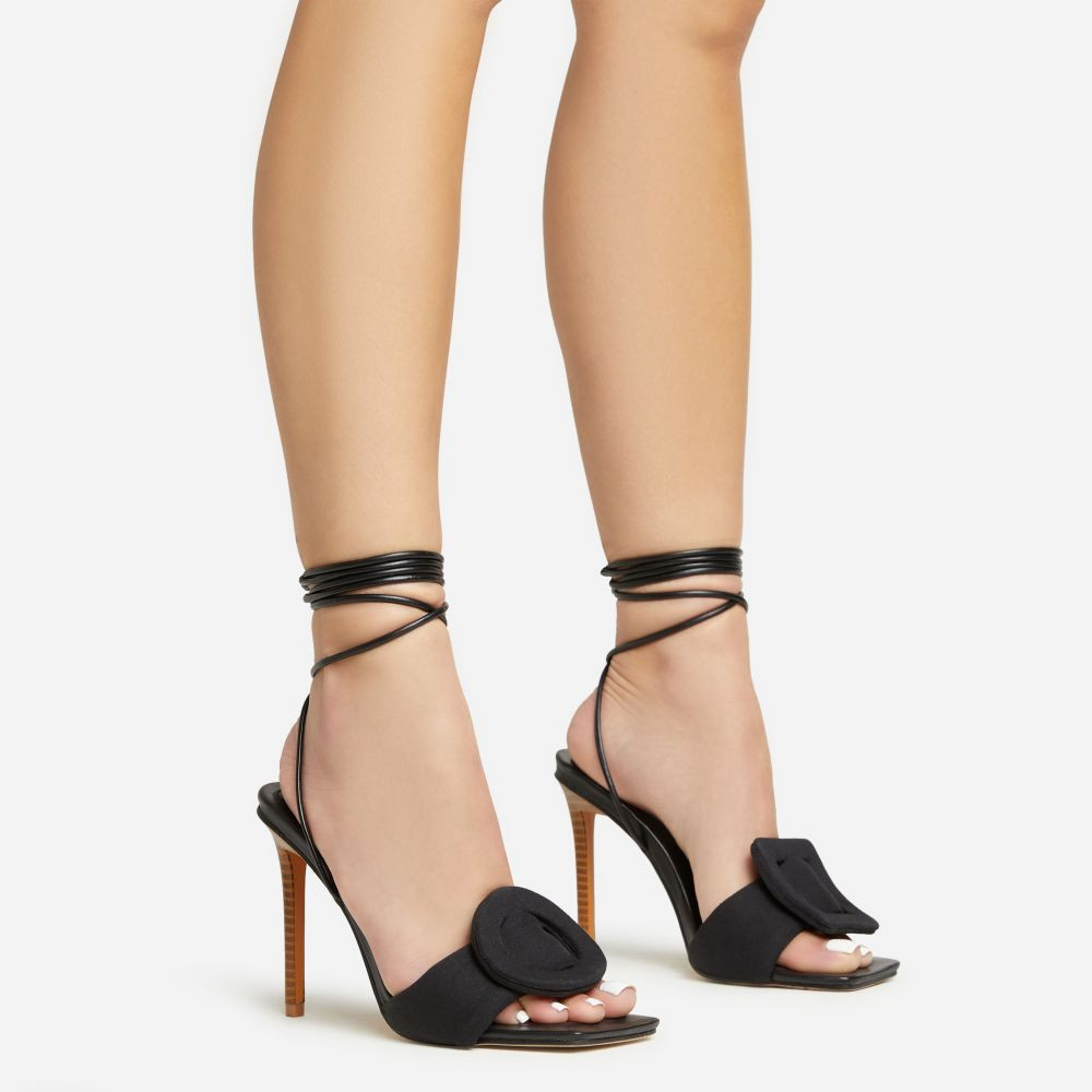 Layla Lace Up Mix Match Buckle Detail Square Toe Stiletto Heel In Black Linen | EGO Shoes (US & Canada)