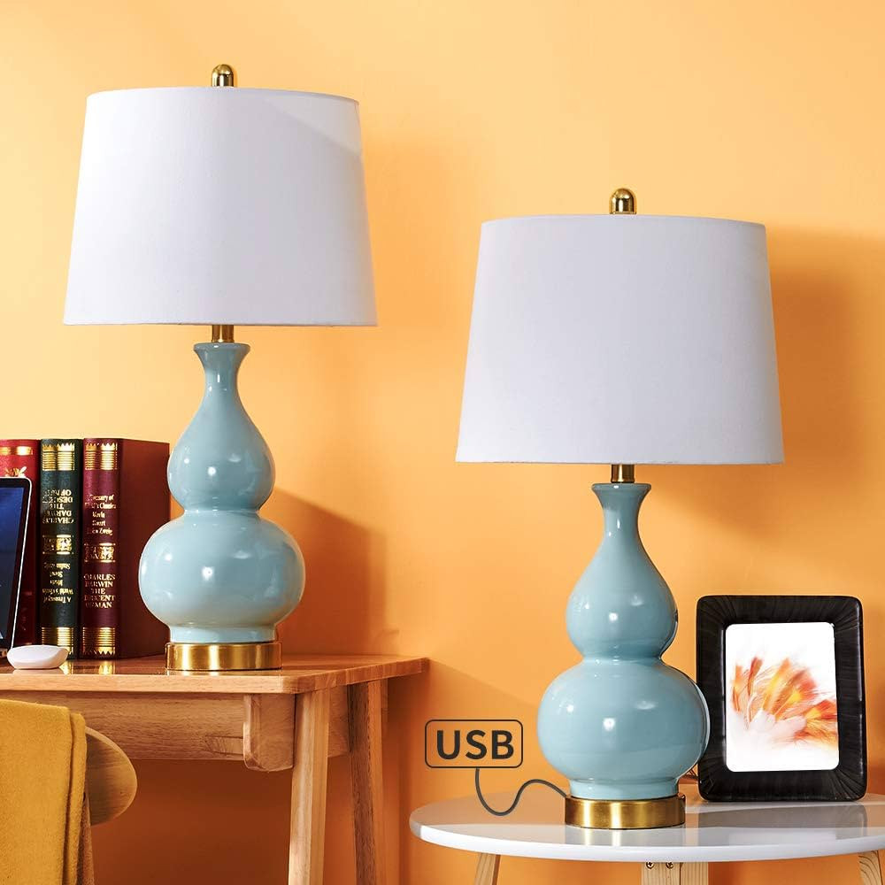 Maxax 26" Ceramic Table Lamps Set of 2 with USB Charging Port, Blue Double Gourd Bedside Lamps wi... | Amazon (US)