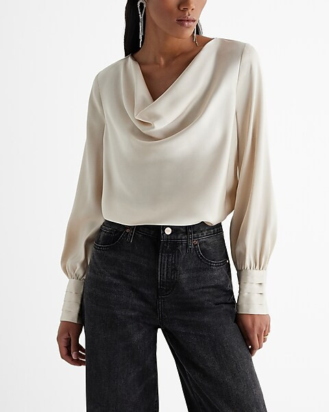 Satin Cowl Neck Long Sleeve Bodysuit | Express