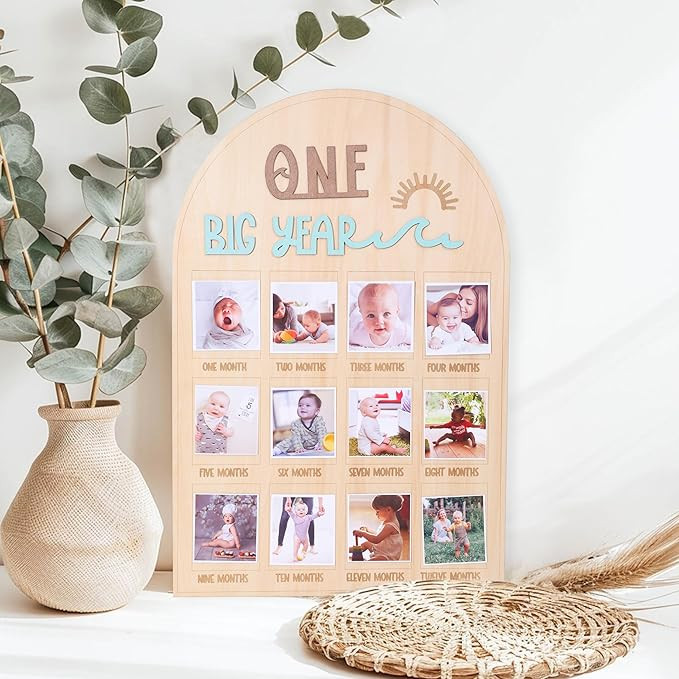The Big One surf One Year Old Photo Board - My First Year Photo Display Wood Board, Wave Theme Mo... | Amazon (US)