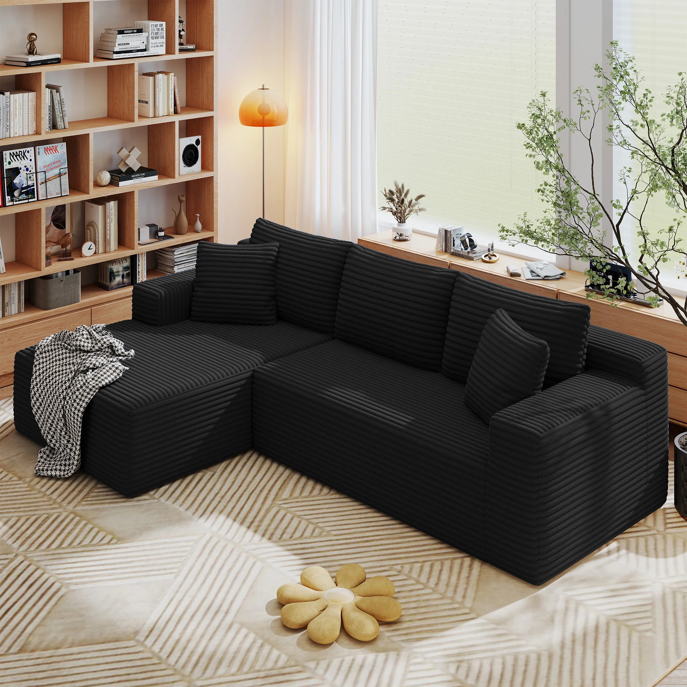 AENKYO 96” Cloud Modular Sectional Sofa with L-Shape Chaise, Deep Seat Corduroy Upholstered Couch, No Assembly Required, Black - Walmart.com | Walmart (US)