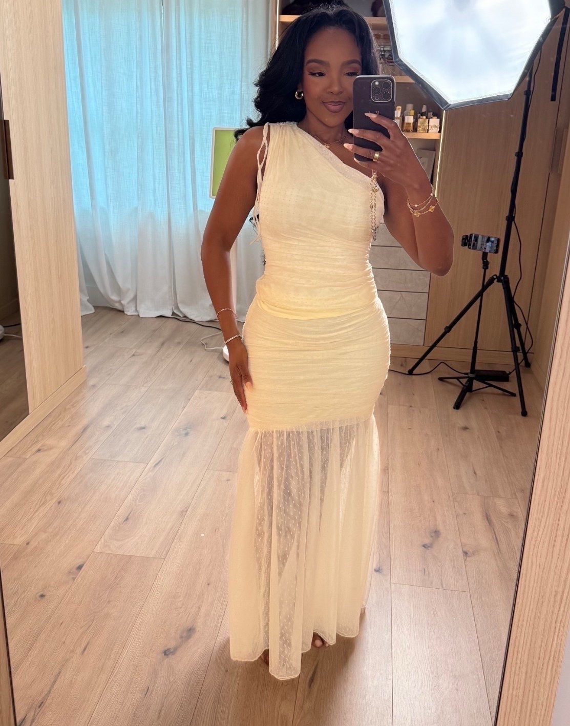 Hi babes ✨ Scroll to shop this dreamy neutral maxi dress 🤍

This dress is so flattering with the ruched fit, soft mesh detail, and elegant silhouette that instantly makes you look put together. It’s one of those timeless pieces you can rewear for so many occasions, making the cost per wear so worth it.

Perfect for bridal events, vacation dinners, weddings, date nights, or summer celebrations.

📏 Measurements: 5’4”, 140 lbs, 34D bust, 27” waist, 40” hips  
Wearing a size Small

#LTKootd #LTKSeasonal #LTKWedding