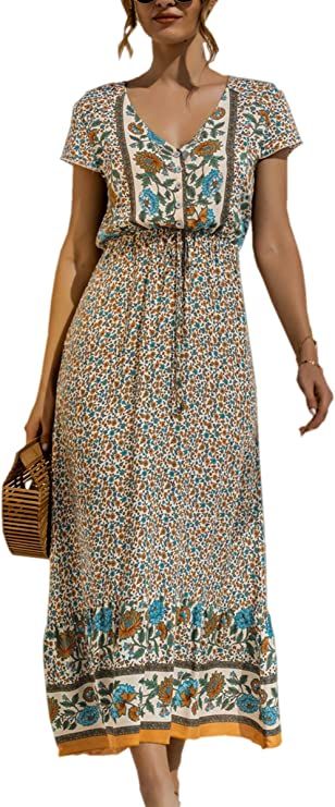 Angashion Women Dresses-Summer Casual Short Sleeve High Waist V Neck Floral Print Button Up Maxi ... | Amazon (US)