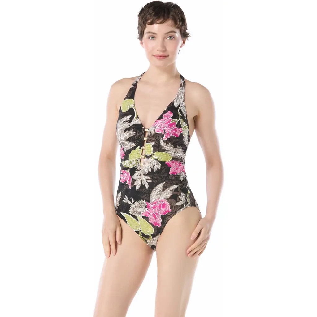 Carmen Marc Valvo Beaded Plunge One Piece Swimsuit in Multi at Nordstrom, Size 8 | Nordstrom
