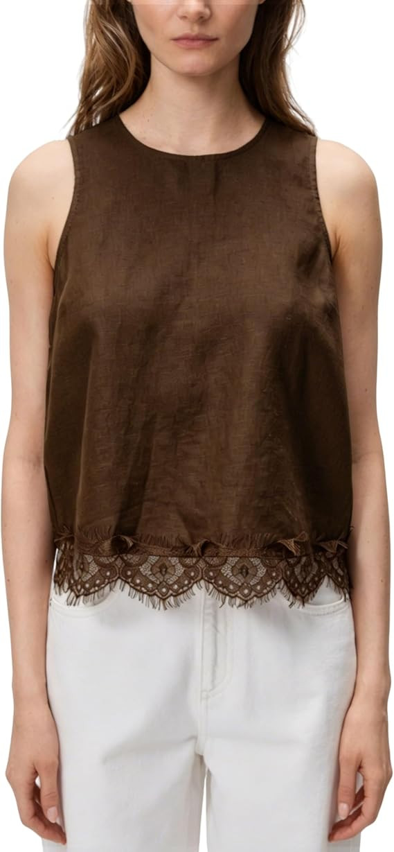 Womens Lace Hem Linen Tank Top Round Neck Sleeveless Solid Color Relaxed Fit Blouses Summer Casua... | Amazon (US)