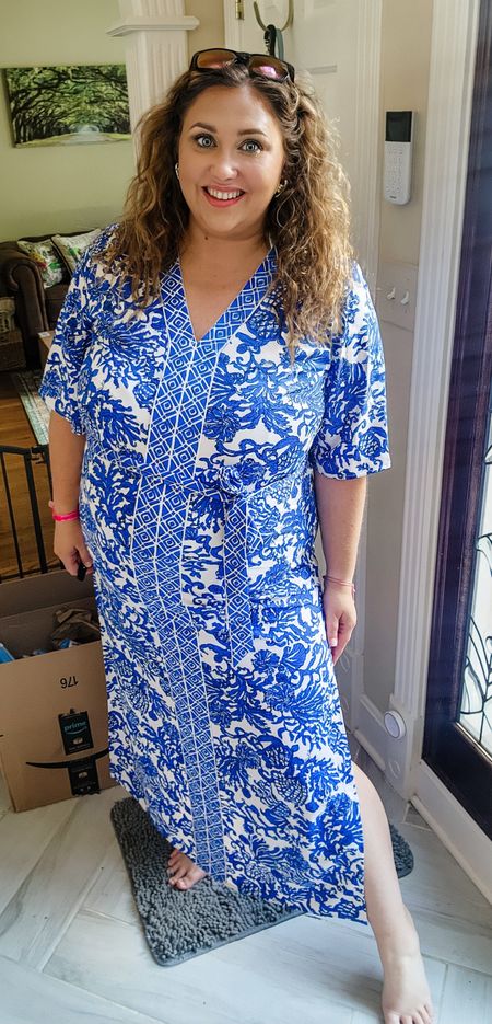 This is a swim cover up but I would wear this as a dress ! It is not see through.  the material is very stretchy. I think I would like it better without the belt. This is a L/XL of the Remelle Cover I love the bright royal blue! 

