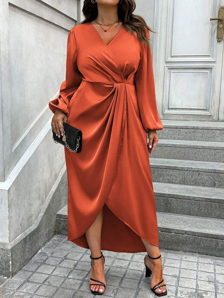 EMERY ROSE Plus Size Solid Color V-Neck Wrapped Ruched Elegant Long Sleeve Dress Maxi Women Outfit Fall Cloth For Women | SHEIN