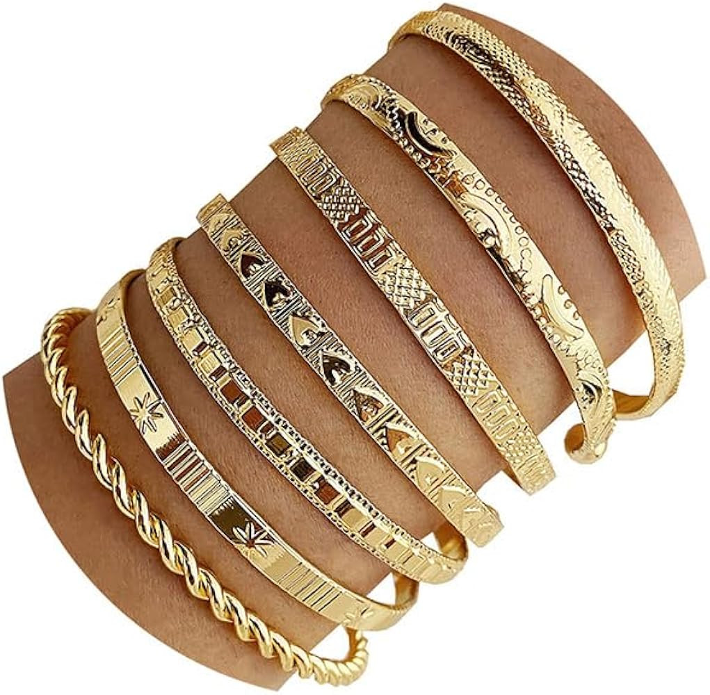 IFKM Gold Bangle Bracelets For Women, 14k Gold Plated Multi Layer Stackable Cuff Bracelet Set, Tr... | Amazon (US)