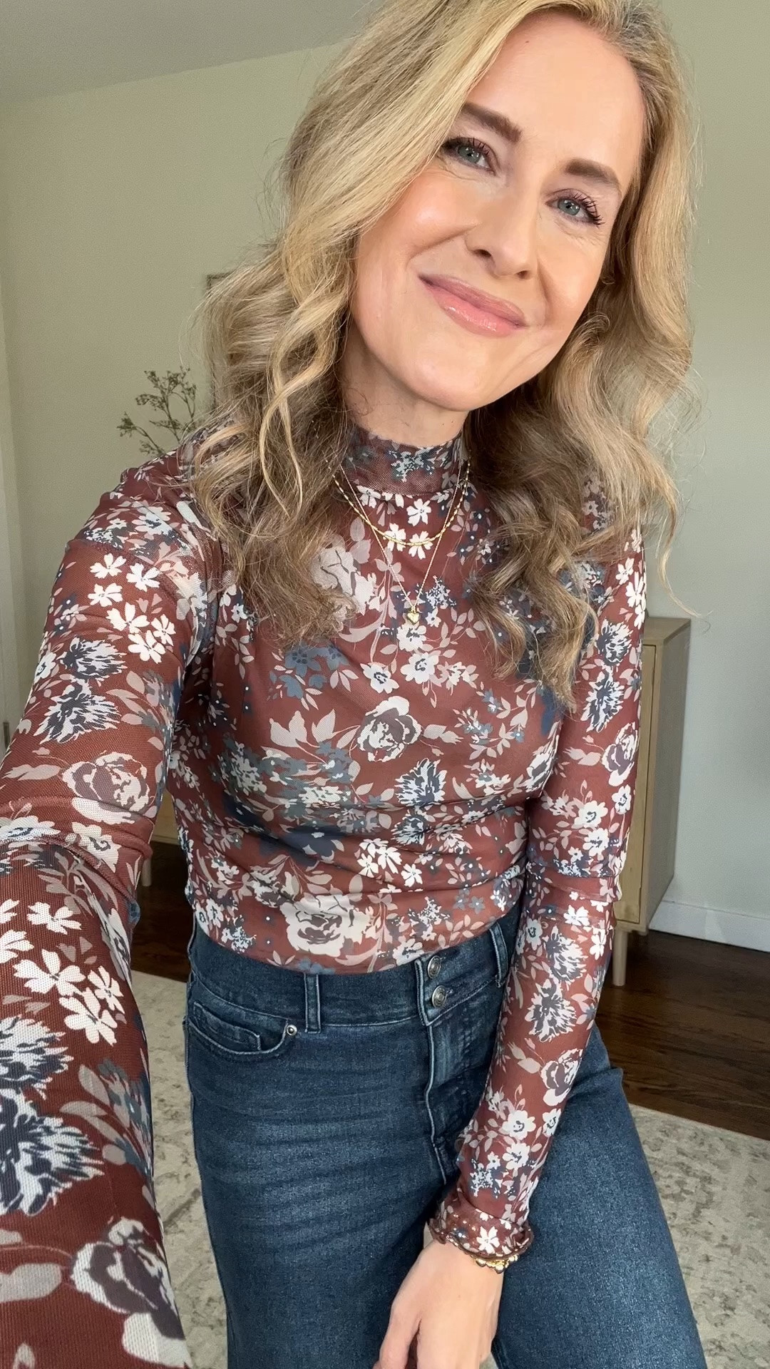 Amazon sheer mesh top in this fall floral is the perfect date night top, also works layered under a pinafore dress or worn with a vest. I sized up to medium. #amazonfashion