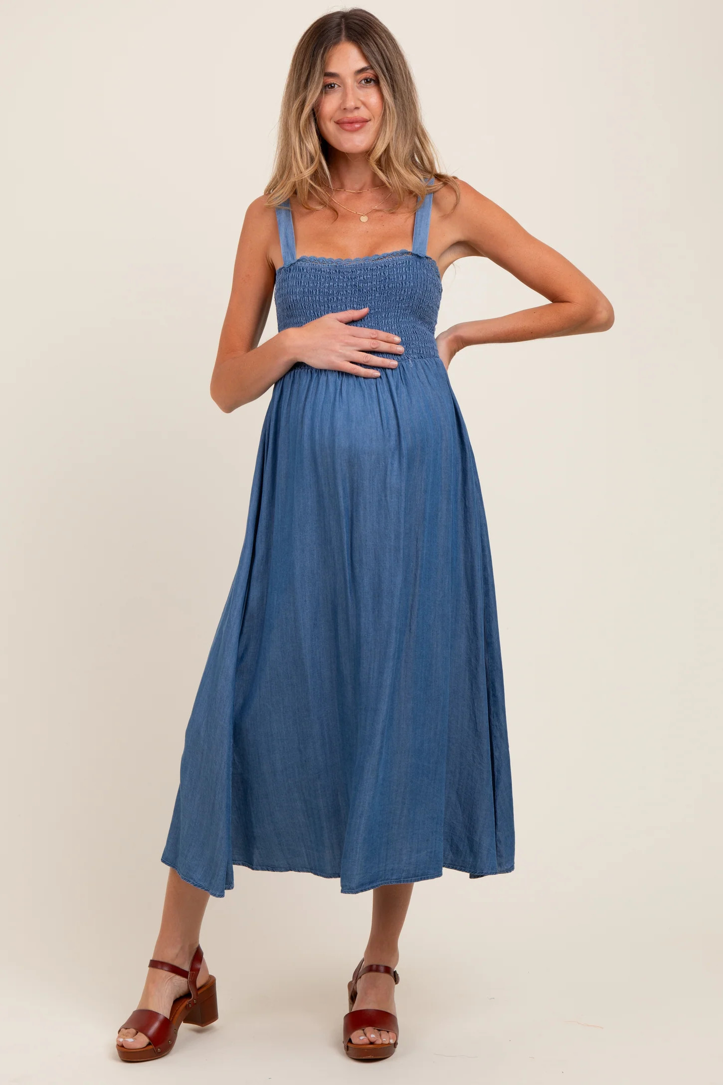 Blue Smocked Chambray Tie Back Cutout Maternity Midi Dress | PinkBlush Maternity
