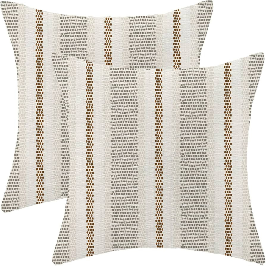 AEIOAE Grey Brown Outdoor Pillow Covers 18 x 18 Inch,Gray Boho Polka Dots Striped Decor Throw Pillows for Couch Bed,Geometric Farmhouse Decorative Pillowcase Linen Cushion Cover Set of 2 | Amazon (US)