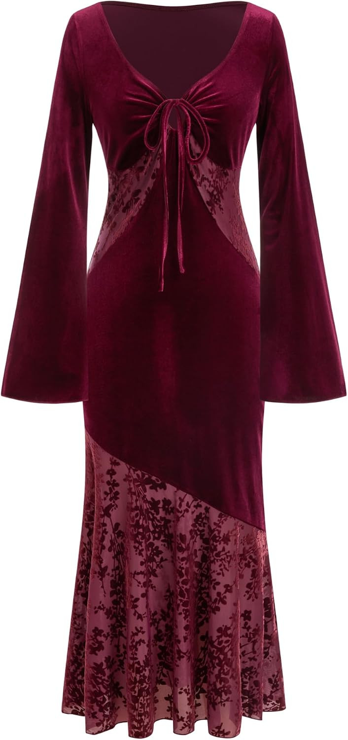 CIDER Velvet Dress for Women Floral Mesh Long Sleeve Wedding Guest Dresses | Amazon (US)