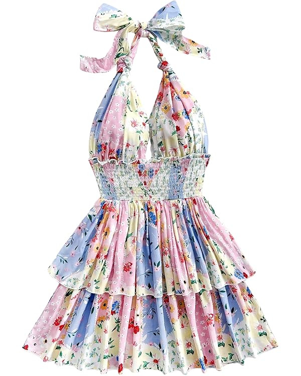 MakeMeChic Women's Summer Mini Dress Floral Halter Ruffle Backless A Line Dresses Flowy Cami Vaca... | Amazon (US)