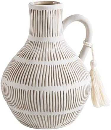 Vellon White Rustic Ceramic Vase with Handle, Pitcher Vase of Country Style with Tassel, Home Decor, | Amazon (US)