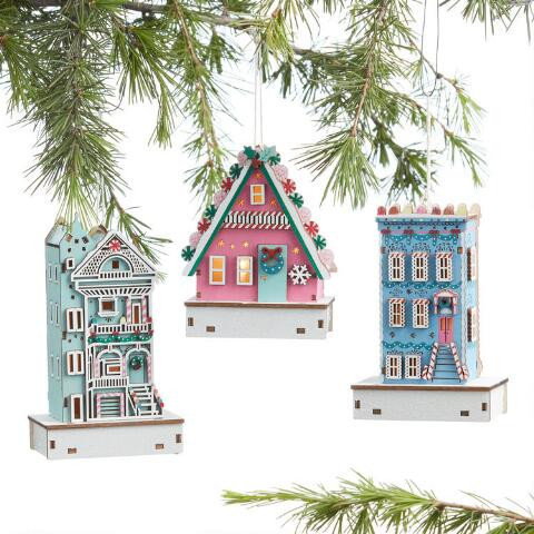Laser Cut Wood Sugarplum LED Light Up Ornaments Set Of 3 | World Market