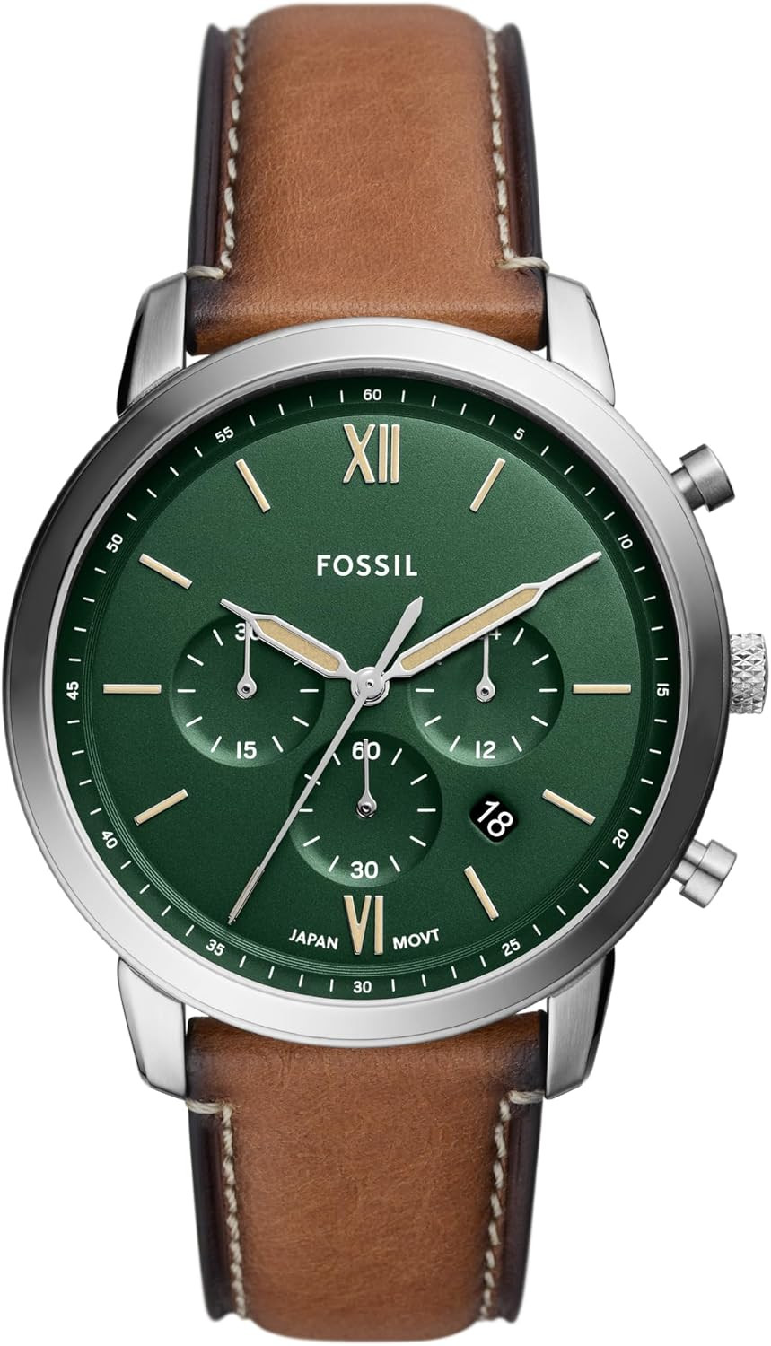 Fossil Men's Neutra Quartz Stainless Steel and Eco Leather Chronograph Watch, Color: Silver/Green, Brown (Model: FS5963) | Amazon (US)