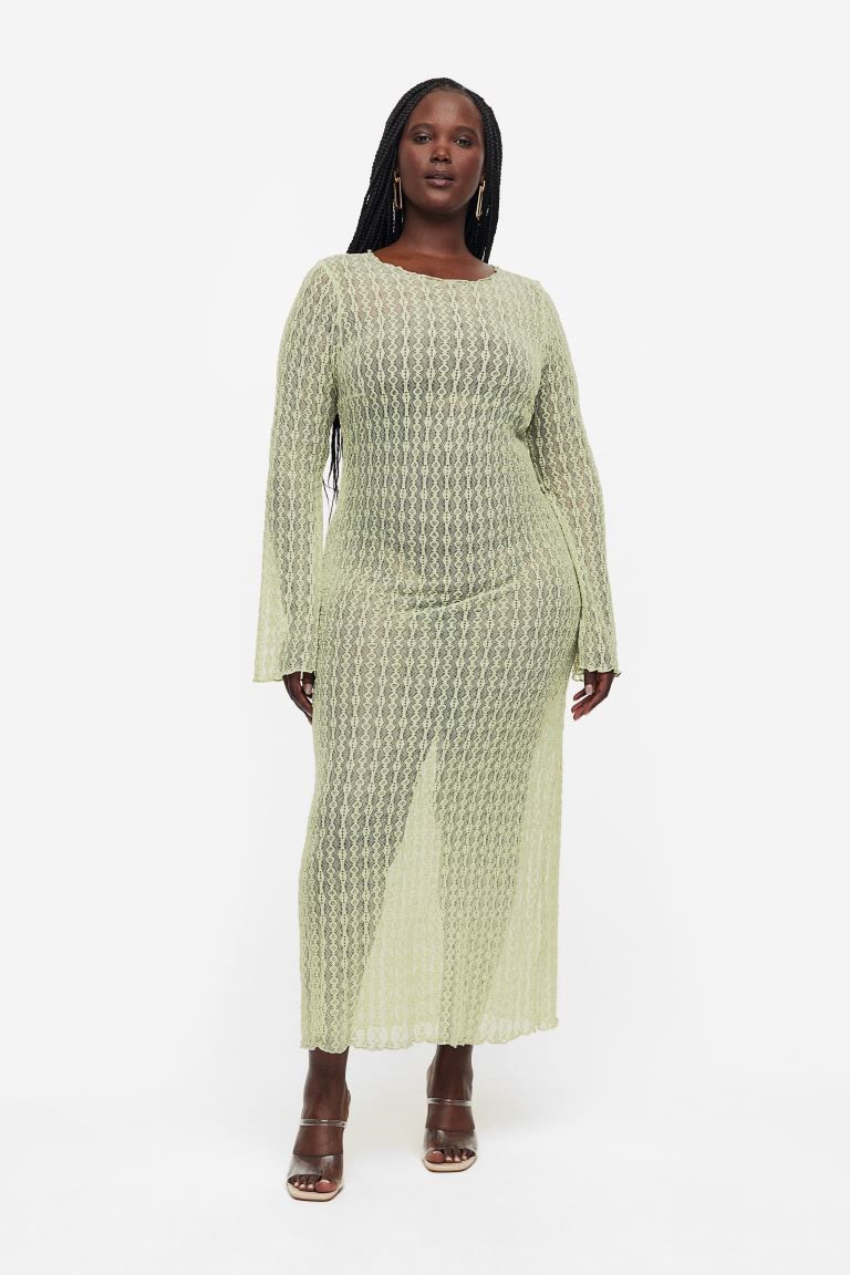 Lace Dress - Round Neck - Long sleeve - Light green - Ladies | H&M US | H&M (US + CA)