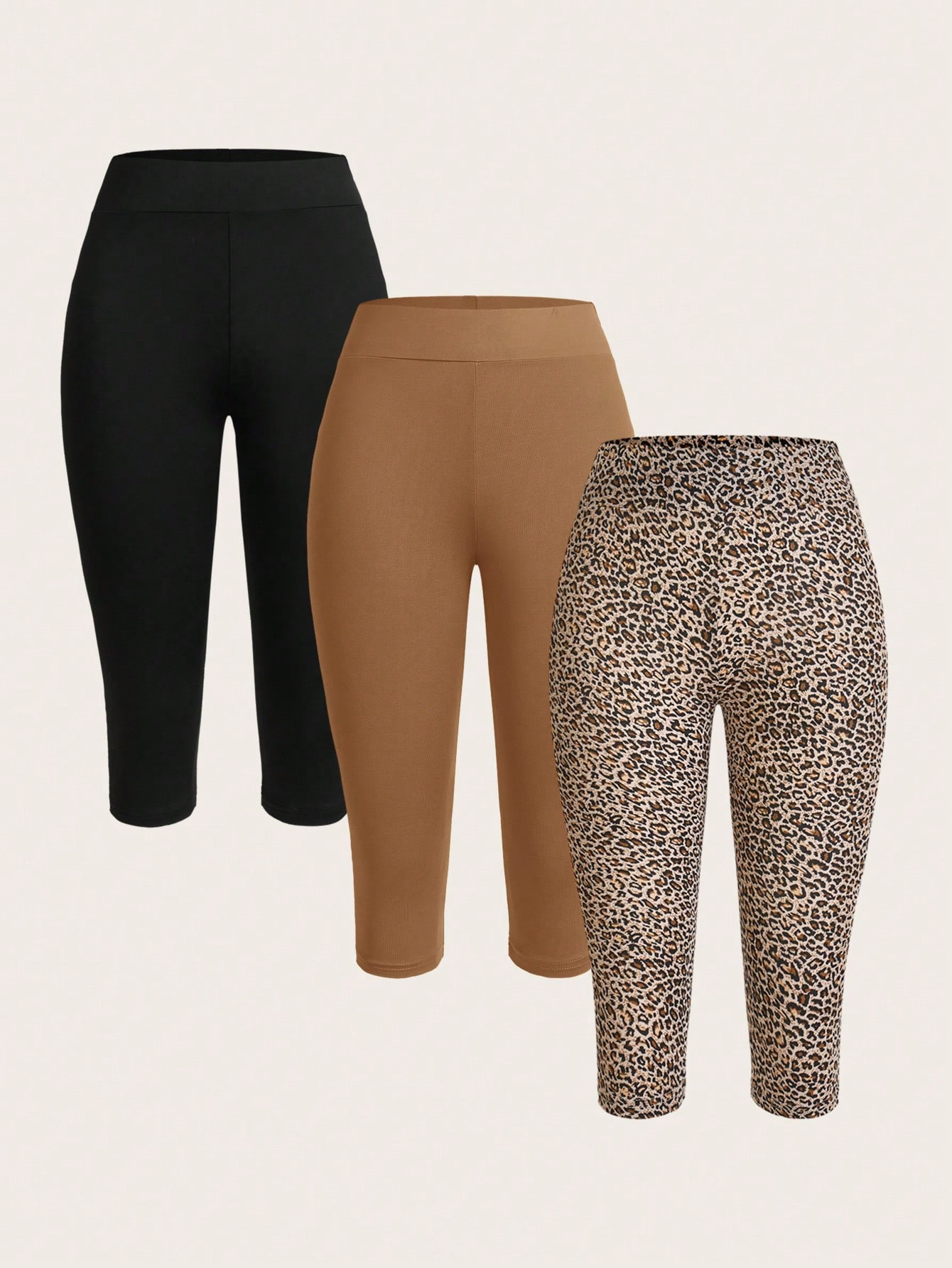 SHEIN Essnce 3pcs Casual Minimalist Khaki Black Leopard Multi-Color Leggings Set, Suitable For Su... | SHEIN