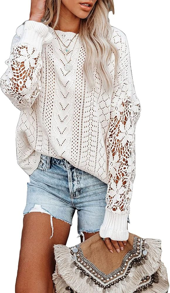 AlvaQ Women's 2023 Lace Crochet Sweater Summer Fall Lightweight Crewneck Knit Sweaters Pullover J... | Amazon (US)