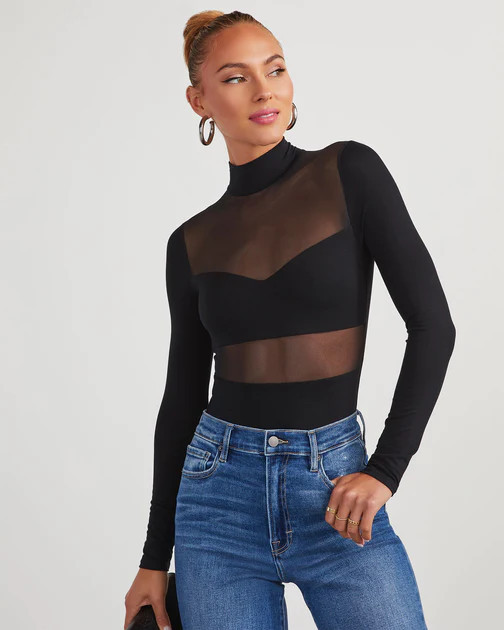 All Eyes On Me Sheer Mock Neck Bodysuit - Black | VICI