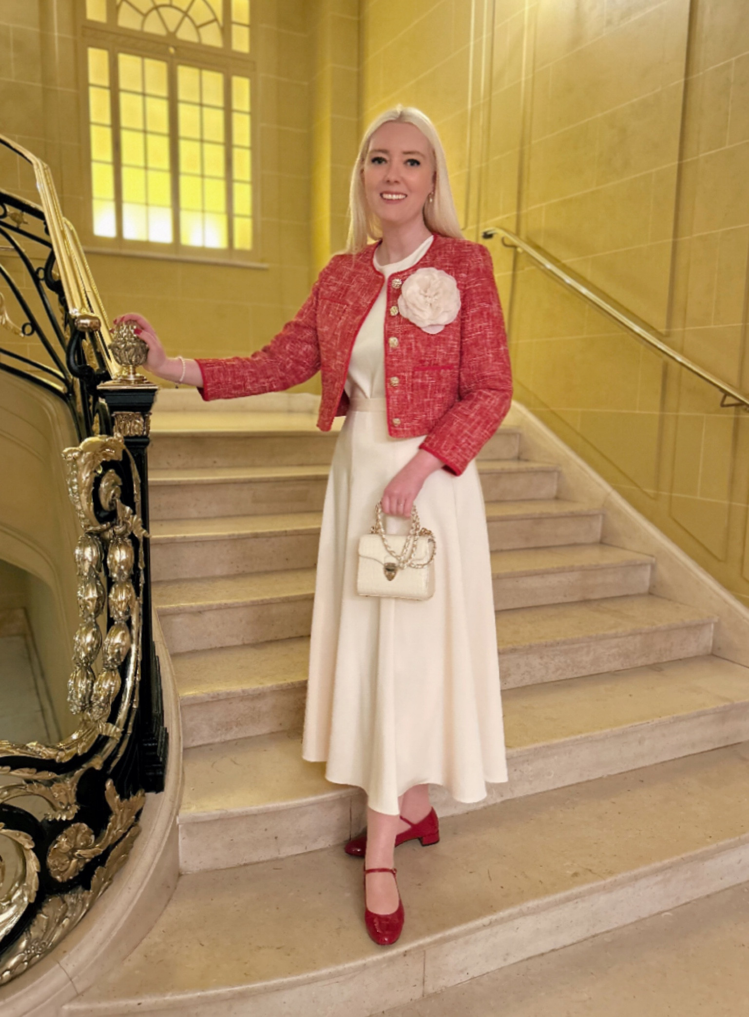 Date night dressing! Wearing the new SS25 Alexa red tweed jacket by LK Bennett London which I styled with their Julie Pearl Drop earrings and the Rosette corsage. I partnered these with the Hobbs London Charteris buttermilk camisole and midi skirt, August red patent Mary Janes and Aspinal London’s Mini Mayfair chain strap handbag in ivory leather croc. Don’t forget to use my 15% discount code, valid on all new season / full price styles at LK Bennett: REBECCALIPKINAUTHOR15

#LTKuk #LTKdatenight #LTKeurope