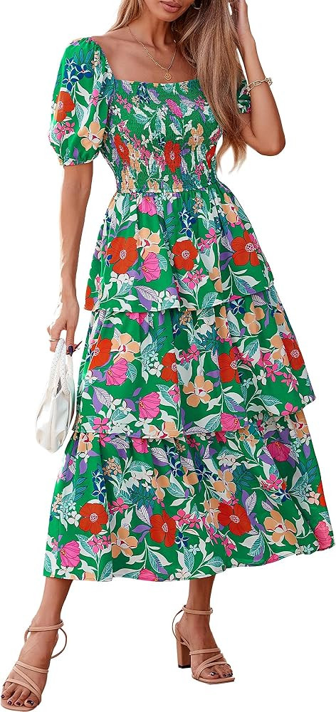 BTFBM Womens Square Neck Smocked Dress Summer Puff Short Sleeve Floral Casual Ruffle Tiered Maxi ... | Amazon (US)