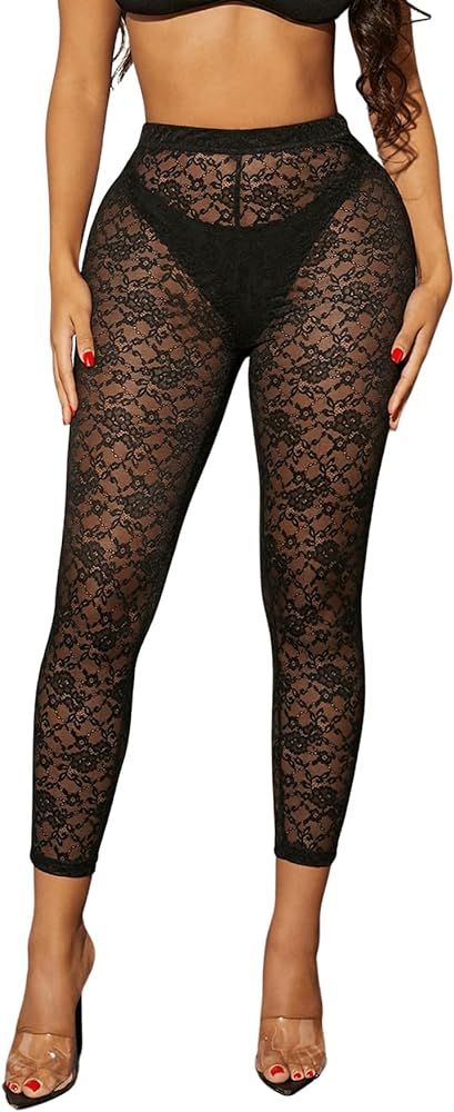 SweatyRocks Women's Floral Sheer Mesh Leggings Stretchy High Waist Pants | Amazon (US)