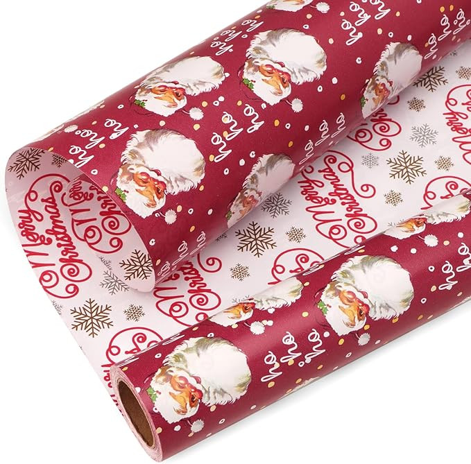 Ribbli Christmas Wrapping Paper Reversible Vintage Santa and Merry Christmas Red White Gift Wrapp... | Amazon (US)