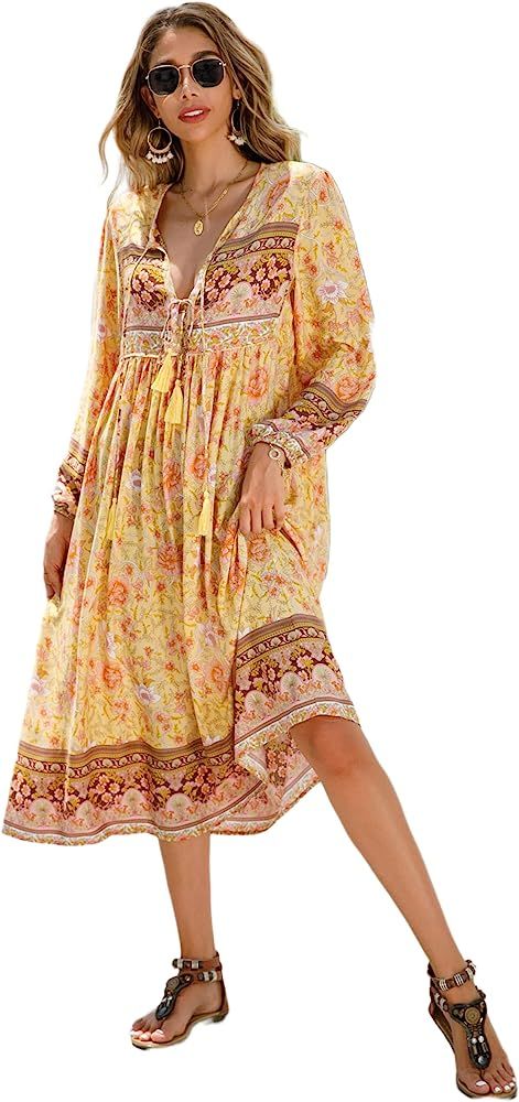 R.Vivimos Women's Long Sleeve Floral Print Retro V Neck Tassel Bohemian Midi Dresses | Amazon (US)