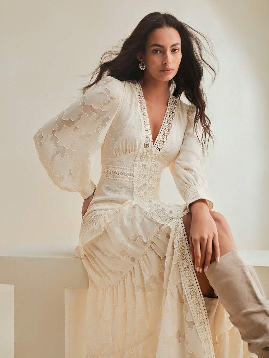 Anewsta V-Neck Puff Sleeve Cinched Waist Elegant Dress Maxi Women Outfit | SHEIN