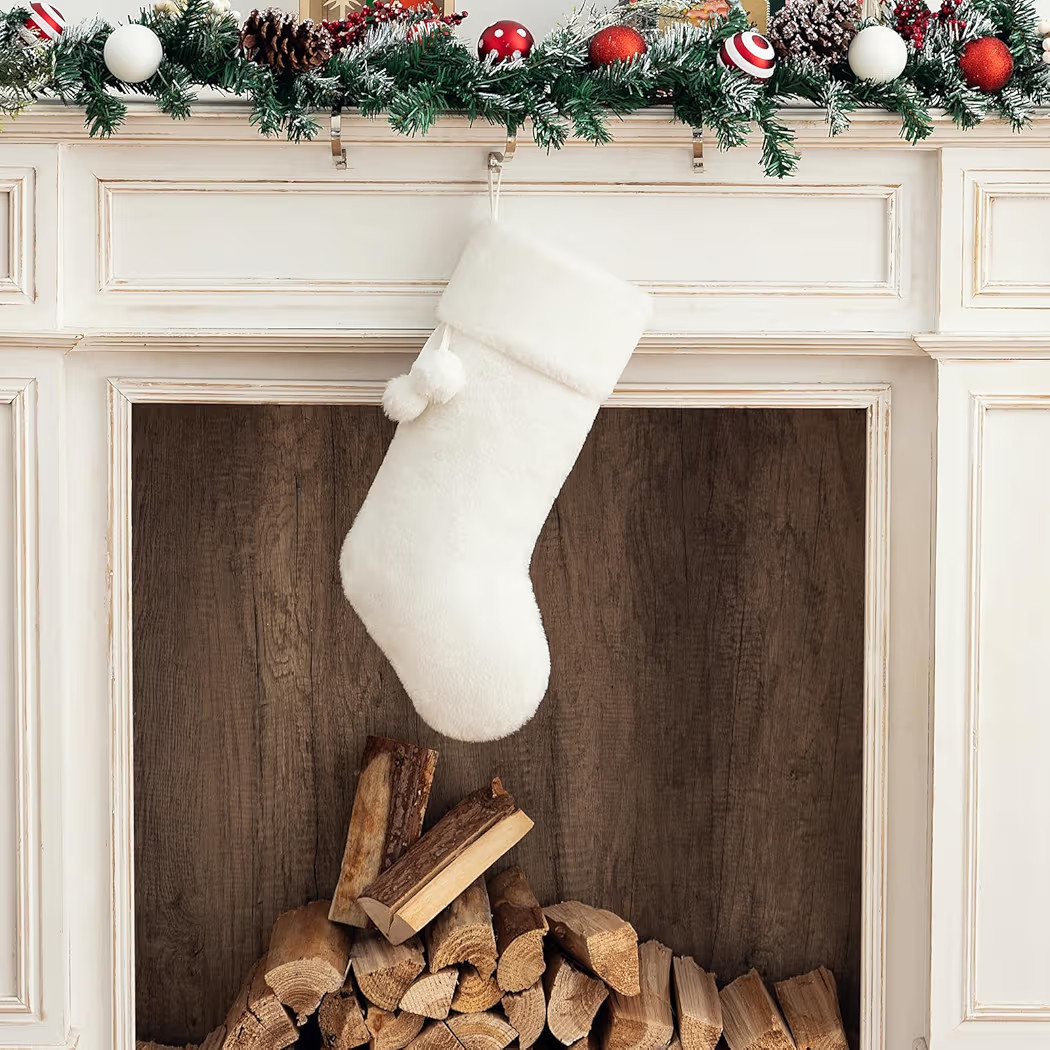 White Plush Christmas Stocking,Large Snowy White Faux Fur Xmas Stockings,Rustic Hanging Stockings... | Amazon (US)