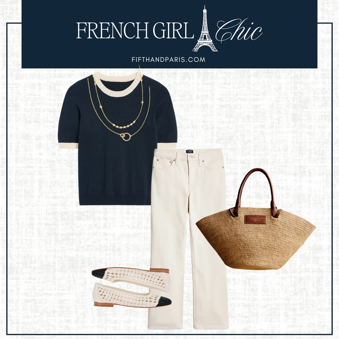 French girl style for Spring.  Five styles with my favorite market tote.  

Whether a casual workday look is needed or an elevated casual look, this contrast trim sweater and white kick flare cropped denim are sure to win.  This woven capped toe ballet flat is very on trend.  This market tote is incredibly versatile.  

#frenchgirl #parisianstyle #frenchstyle #frenchfashion

#LTKStyleTip #LTKItBag #LTKSeasonal