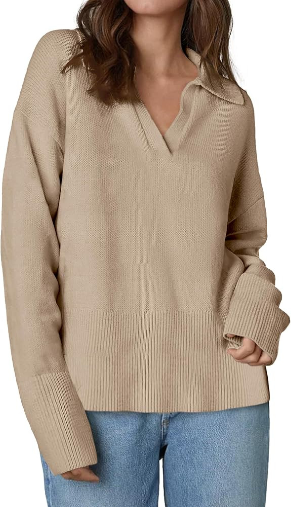 Zeagoo Women's 2024 V Neck Striped Sweater Long Sleeve Oversized Fashion Knitted Pullover Fall Sw... | Amazon (US)