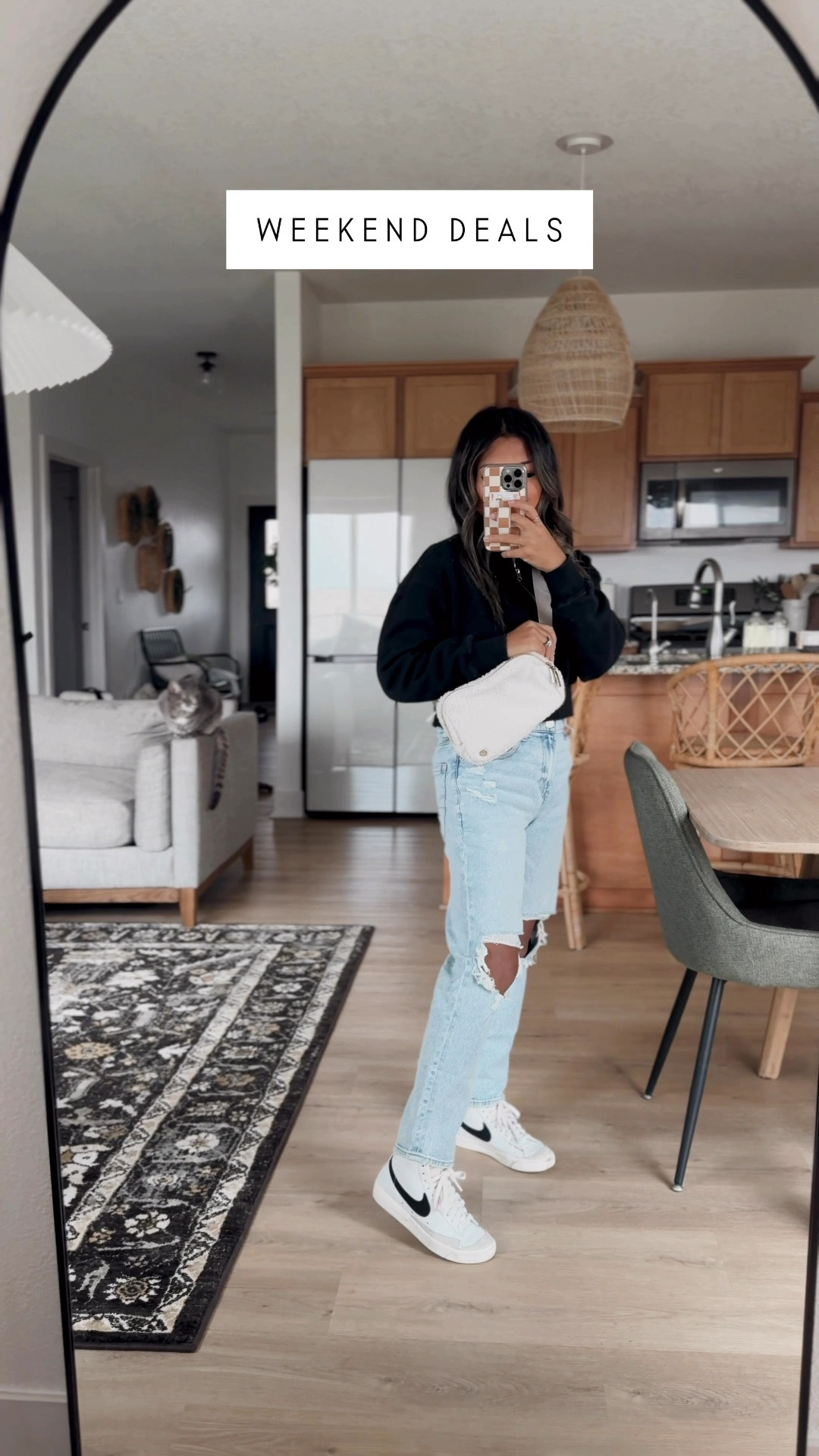 Weekend sales! Over 40 mom fashion!  My fave jeans are 30% off! I sized down to a size 2 short for these American Eagle distressed jeans (usually a size 4).  Nike sweatshirt is 25% off with code TREATYOURSELF . My Lululemon fleece belt bag size 2L is 42% off!   I’m wearing the high top Nike Blazer sneakers but the low ones are on sale! 

#LTKFindsUnder50 #LTKOver40 #LTKSaleAlert