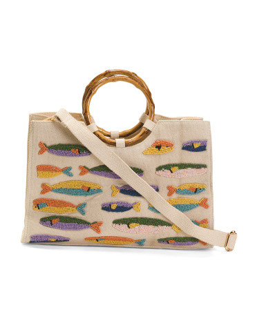 Cotton Canvas Hand Beaded Handle Tote With Strap In Sardines Motif For Women, Cotton/Gold | TJ Maxx